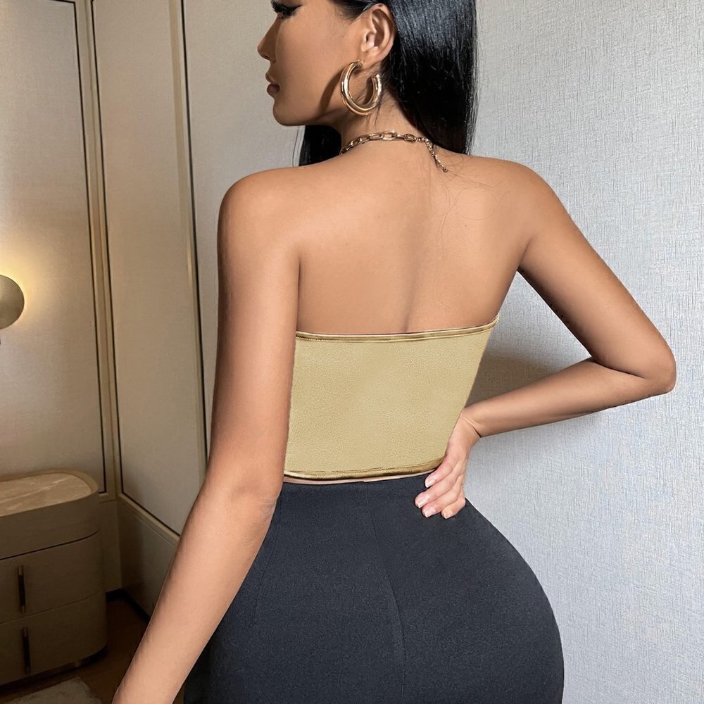 Khaki Casual Womens Satin Crop Bandeau Top - Picture 2 of 5